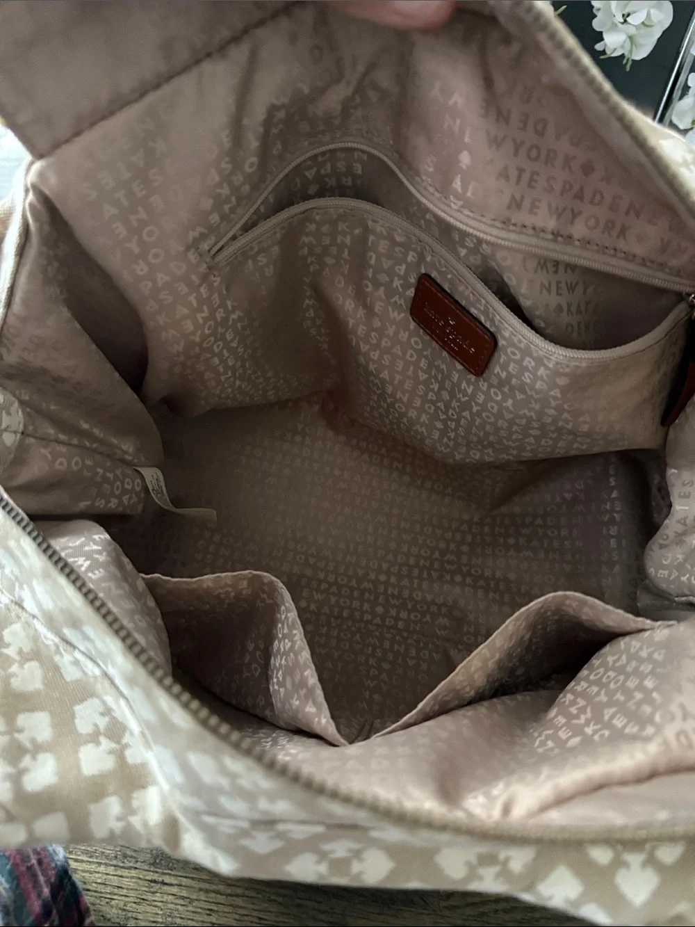 kate spade Beige Canvas Satchel with Red & Pink Center Stripe